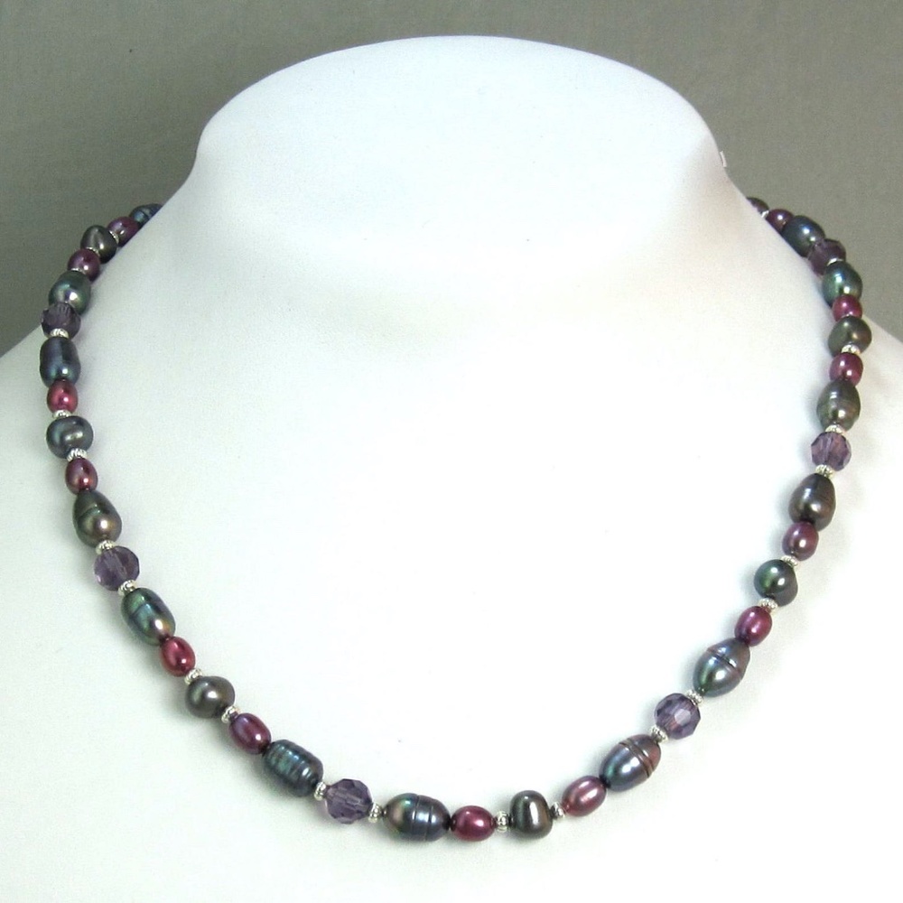Gemstone Necklace Blue Fresh Water Pearls and Crystals Style 14